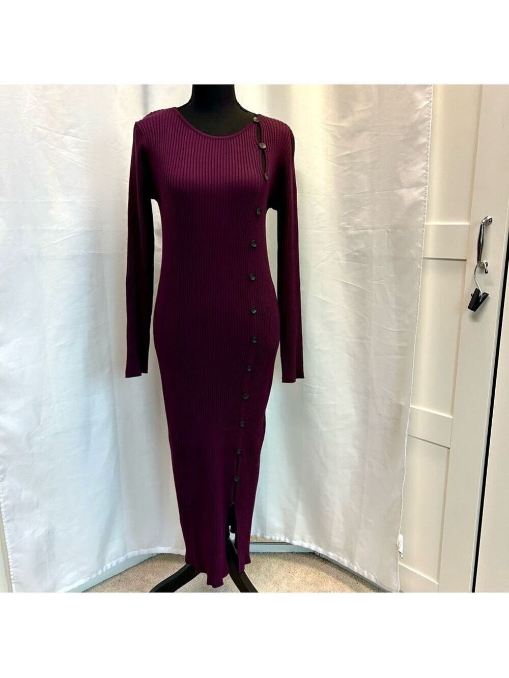 Calvin Klein maroon ribbed knit bodycon dress button detail long sleeve crewneck